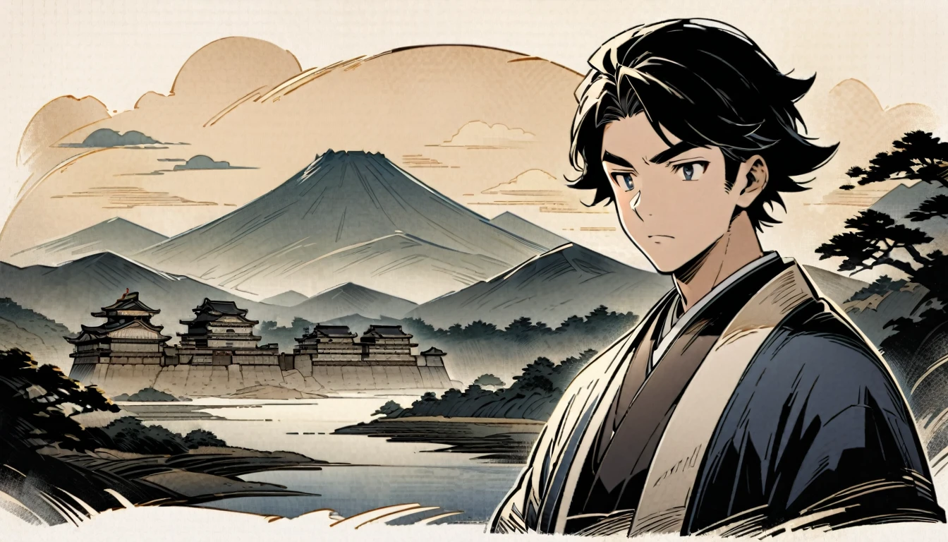 A legendary thief from the Edo period、Portrait style of Ishikawa Goemon。A man wearing a kimono is staring ahead with a sharp gaze.。The background is an old Japanese castle and mountains々A landscape with。The art style has a slightly aged paper texture.