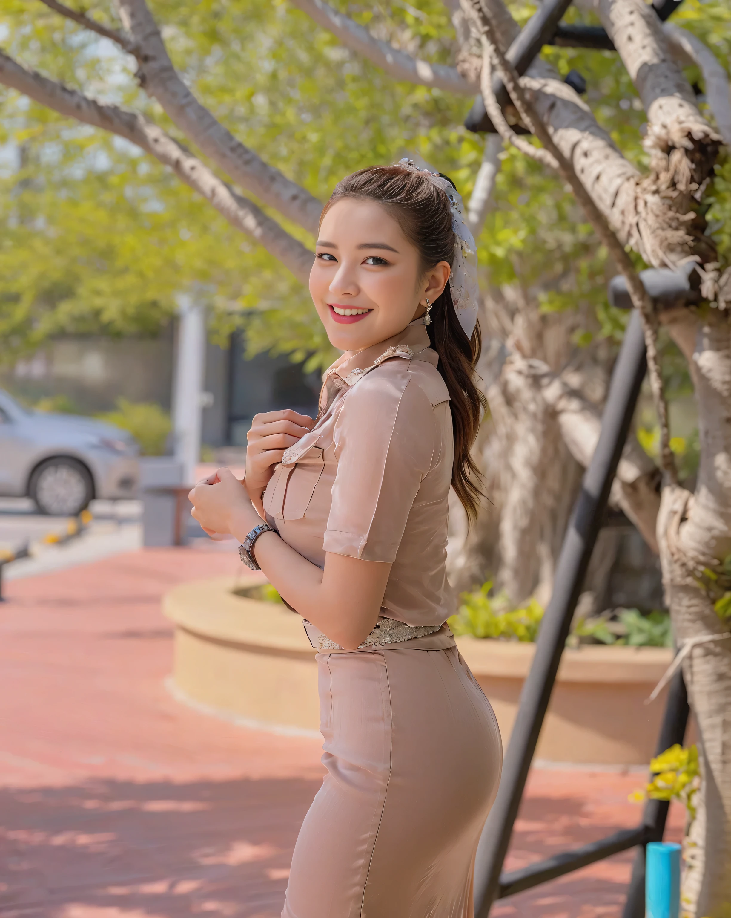 Highly detailed CG Unity 8k wallpaper, top quality, super detailed, masterpiece, realistic, photorealistic, highly detailed cute girl, 25 years old, garden flower,sweaty skin,  blush,  parted lips, round eyes, medium breasts, bun_head  , satin flowing long dress, ((erect, emerge, streak)), waist shot, full body, ((wide hips, thick thigh, accentuated ass, protruding ass)), long skirt, flowing long skirt, long dress,(silky flowing long skirt),malay gamis, (ass countour can be seen ), perfect hourglass figure detailed, emphasized ass