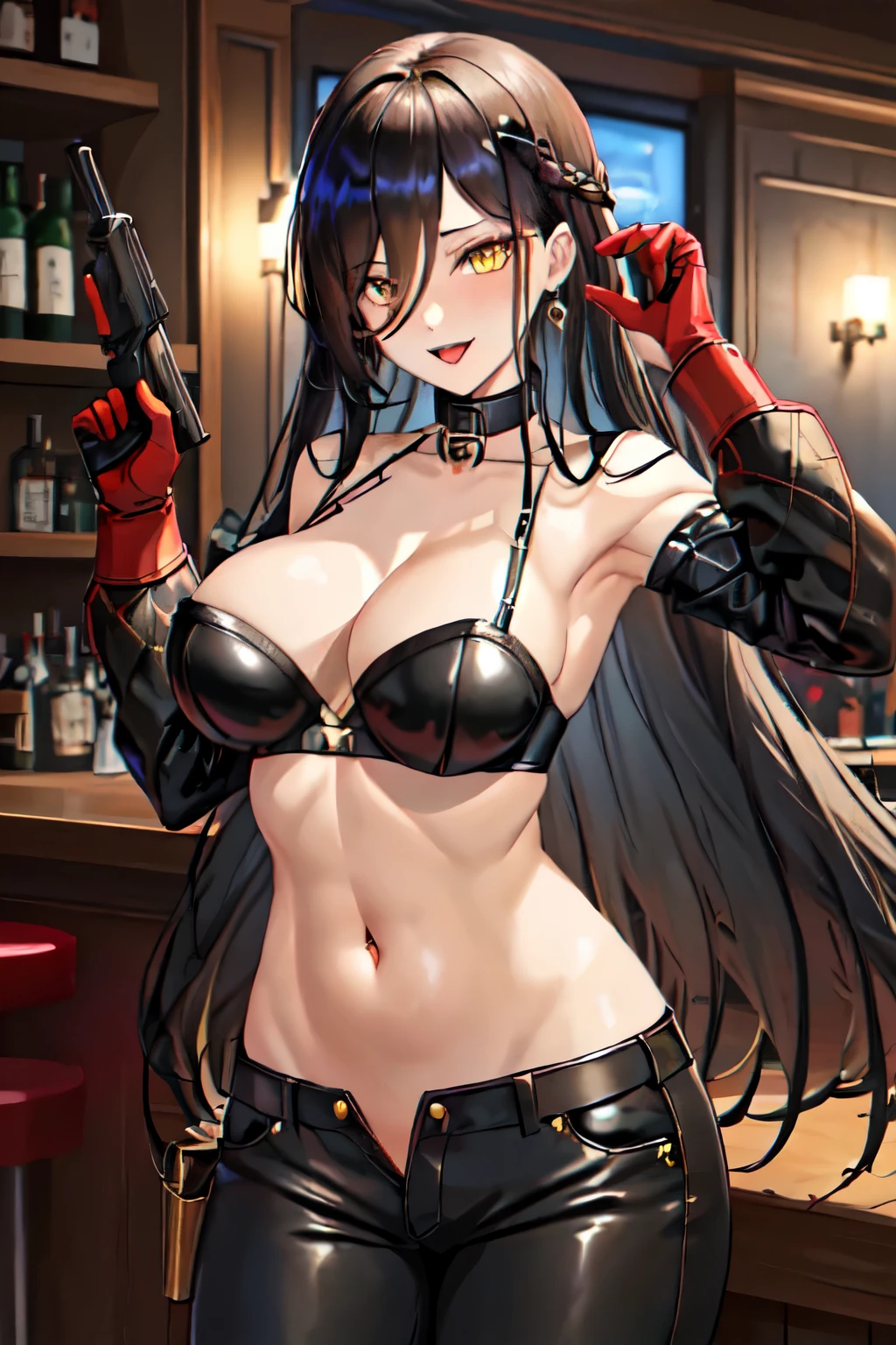 solo, {friedrich_der_grosse_azurlane:1.15}, black_hair, long_hair, yellow_eyes, hair_over_one_eye, large_breasts, very_long_hair, blush, lipstick,,jewelry, earrings, Hot girl, baddie, bad attitude, mean girl, crazy, smoking, sensual, attractive , bar background, inside bar, indoor, masterpiece, best quality, highly detailed, a girls with a gun, evil smile , open mouth, sexy gaze, badass pose , evil smile, smile, guns blazing, anime girl with long hair, beautiful long haired girl, navel, evil expression, exposed belly, exposed navel, exposed midriff, exposed lower belly, long black pants, crop top, cleavage, unbuttoned leather pants ,open fly, low rise black leather pants, leather jacket, holding a gun, holding pistol,