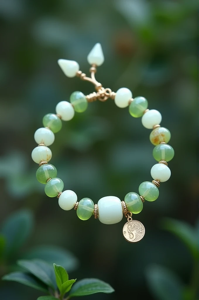 Green and white glass beaded bracelet with moon charm