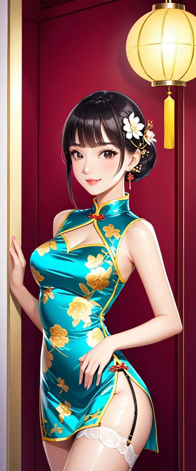 High resolution, adult woman , good lighting, despicable, , (No nudity), (((shiny cheongsam))),(garter belt),cute face, I&#39;m embarrassed and blush, humiliating, ((turn around and look back)),