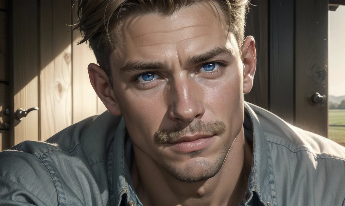[((highly detailed, detailed eyes, detailed face, clear and realistic facial features, photorealistic, realistic light, cinematic)), (1 man), Mark is a handsome and alluring slender but muscular male farmer father aged 45 with short blond hair and a neat moustache and blue eyes and weathered skin wearing a flannelette shirt, (((Mark has a seductive smirking look on his face and a slight blush on his cheeks))), There is a charming yet dry southern farm in the background, ((calming comforting mood))]