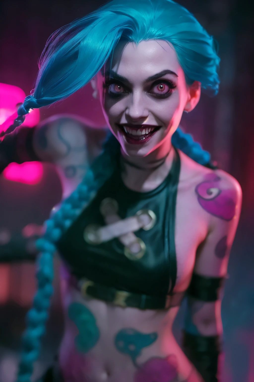 Hyper realistic super detailed Jinx cosplay ,(( Young girl, 15 years old)) , Very detailed, (hyper realistic: 1.4), ((in dynamic fight pose)) , ((angry face)) , twin braids, long hair, blue hair, red eyes, (((blue tattoo on arm))) , ((skinny body)) , (((psycho face, creppy smiling) )), arcane style. ((Grunge Neon grafitti background, cinematic lighting)).