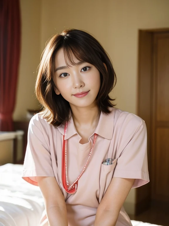 (Masterpiece, Best quality:1.4), (Ultra realistic, Photo-realistic:1.2), Full body, Natural light, 25 years old actress, Japanese women, Neat and clean, (nurse uniform:1.1), Short ponytail, Short wavy hair, Light brown hair color, (Beautiful Face), Oval face, clear, (Beautiful eyes, Kind eyes), (Clear skin), Small face, (Small mouth, Beautiful mouth), Natural makeup, Approachable, Luxury hotel Suite room, On bed, Seductive smile, (Seductive pose:1.2), (Beautiful thighs:1.1), Bedroom eyes,