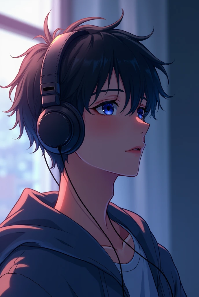 Create an anime photo of a guy wearing headphones listening to music