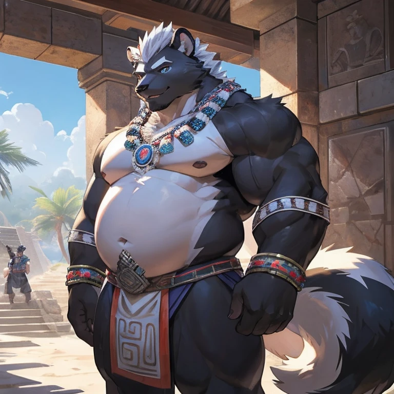 solo, anthro, furry, furry male, skunk,((short fur,furry, shaggy fur, opaque fur)), (skunk print), black pupils, white sclera, black body, black fur, black muzzle, black fur on face, indigo eye, big skunk tail, detailed fur, detailed face, detailed eyes, (Mayan clothing, Mayan neckpiece, Mayan bottoms, bracelets and armbands), Mayan temple, lots of pillows and soft surfaces, (by null-ghost,by raccoon21, masterpiece, high quality, hi-res, 8k, hd, dark), standing, offering hand to viewer, looking at viewer, day, gentle expression, musclegut skunk man, muscular, big belly, fat belly, obese belly, pillowy pectorals, soft pectorals, big pectorals, weight-lifter build, broad shoulders, black fur, indigo eyes, pink pawpads, mid 30s, relaxed, lazy, indigo smoke, white Mohawk,