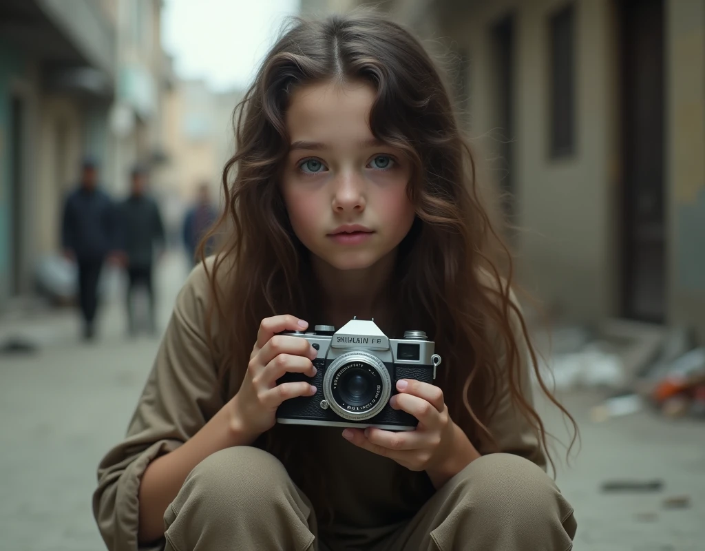 Portrait image of a young girl with long wavy brown hair and striking blue eyes. She has a fair skin tone and is dressed in simple clothing., loose and earthy tones. The girl is sitting on the floor, in a harsh outdoor environment, With a grim expression on his face. Holding a vintage style camera in his hands, with black body and silver lens. The background is blurred, suggesting a degraded urban environment, with indistinct figures and structures in the distance, which contributes to the overall ambiance of the image.
