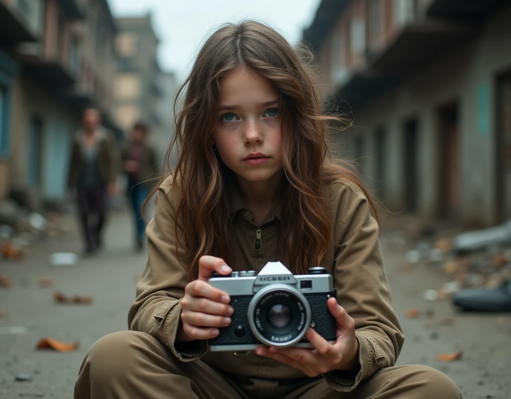 Portrait image of a young girl with long wavy brown hair and striking blue eyes. She has a fair skin tone and is dressed in simple clothing., loose and earthy tones. The girl is sitting on the floor, in a harsh outdoor environment, With a grim expression on his face. Holding a vintage style camera in his hands, with black body and silver lens. The background is blurred, suggesting a degraded urban environment, with indistinct figures and structures in the distance, which contributes to the overall ambiance of the image.
