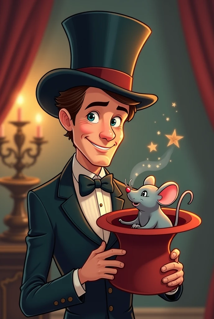 Cartoon illustration of an elegant magician with a playing card in his hat hugging a grey mouse  (Romantic)