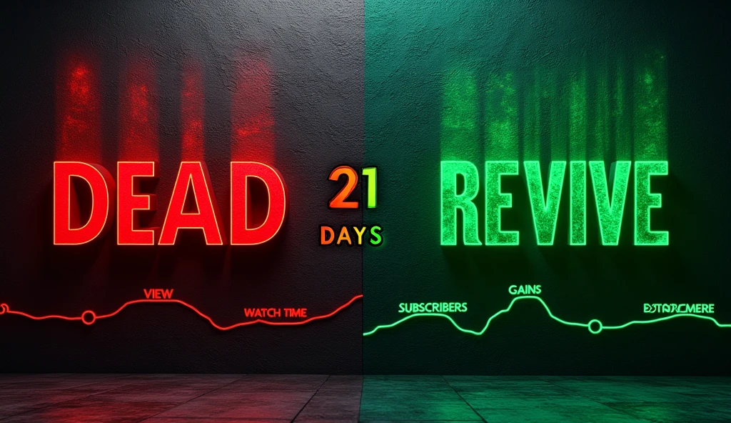 A split image featuring a contrasting theme with DEAD in bold red on the left and REVIVE in vibrant green on the right. The left side displays negative channel analytics, showing low views (4.7K), minimal watch time (27.1 hours), zero subscribers, and low estimated revenue (₹0.88). The right side highlights positive analytics, with significantly higher views (121.0K), increased watch time (1.8K hours), a subscriber gain of 479, and improved estimated revenue (₹4). A central label reads 21 DAYS, illustrating a drastic change in performance over a short period. The background features a textured black wall, emphasizing the analytics data.