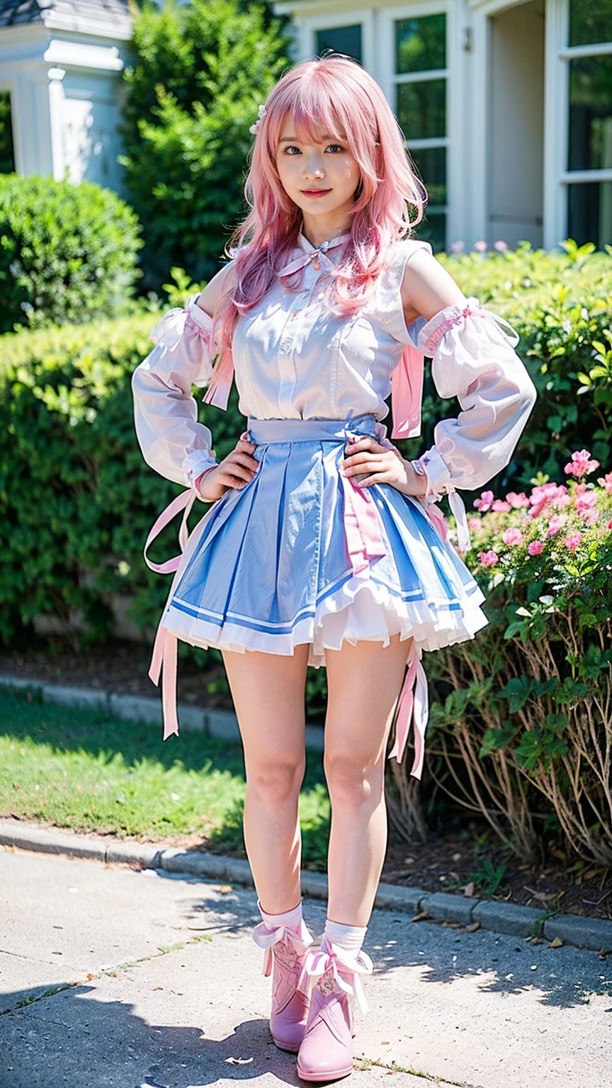 (8k、RAW Photos、Highest quality、masterpiece:1.2)、(Realistic、Realistic)、1 girl、((white、pink、light blue、mini skirt、pinkの髪、Breast enlargement、boots、ribbon、Thin legs、whole body、View from the front、Looking into the camera、ribbon、garden、See-through、Stand with hands on hips))、cute