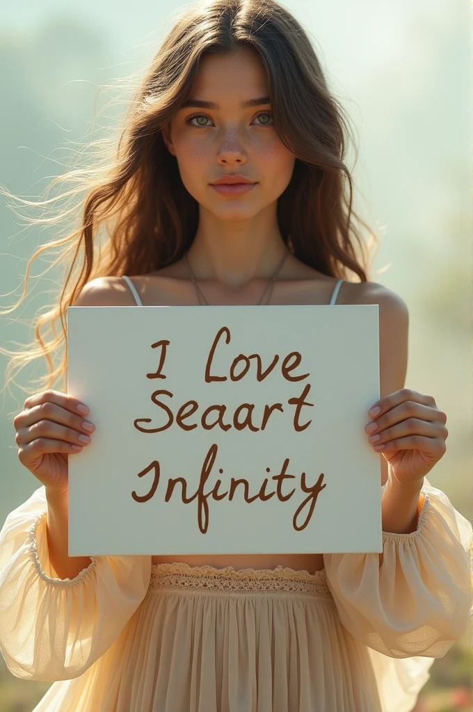 Beautiful girl with wavy long hair, bohemian dress, holding a white board with text "I Love Seaart Infinity" and showing it to the viewer