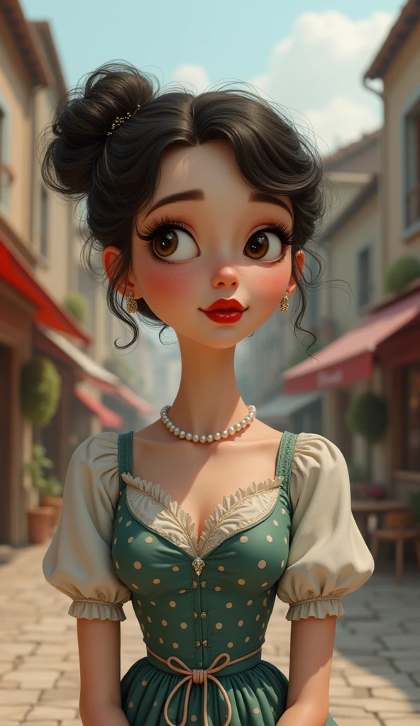 (Ultra-high resolution), (Photorealism 16K Realism), (Ultra-fine digital art), ((Ultra-realistic body proportions, Anatomically correct:1.2)), (Highly detailed beautiful face), (Light pale complexion), break, ((Small round head and face:1.25)), (Extremely detailed and beautiful slim and sharp face), (Best Best Details Real Brown_eye:1.2), ((Insanely realistic sharp-eye)), (droopy eye:1.3), Thin eyebrows, Draw eyelashes carefully, Eyelash extensions, (Tired, sleepy and satisfied:0.0), perfect round eye, Detailed pupils,break, Detailed lips:1.3, pink_compensate:1.14, Shiny Red_lipstick:1.2 ,Perfect light_eyehadows:1.25, (Detailed nose:1.2), ((She wore a retro polka dot dress with a cinched waist and pearl accessories., Finished with a classic updo:1.22)), (In the middle of a quaint town square, Cobblestone streets are lined with charming boutiques and antique stores, Where time seems to stand still:1.2), (Fascinating:1.22),