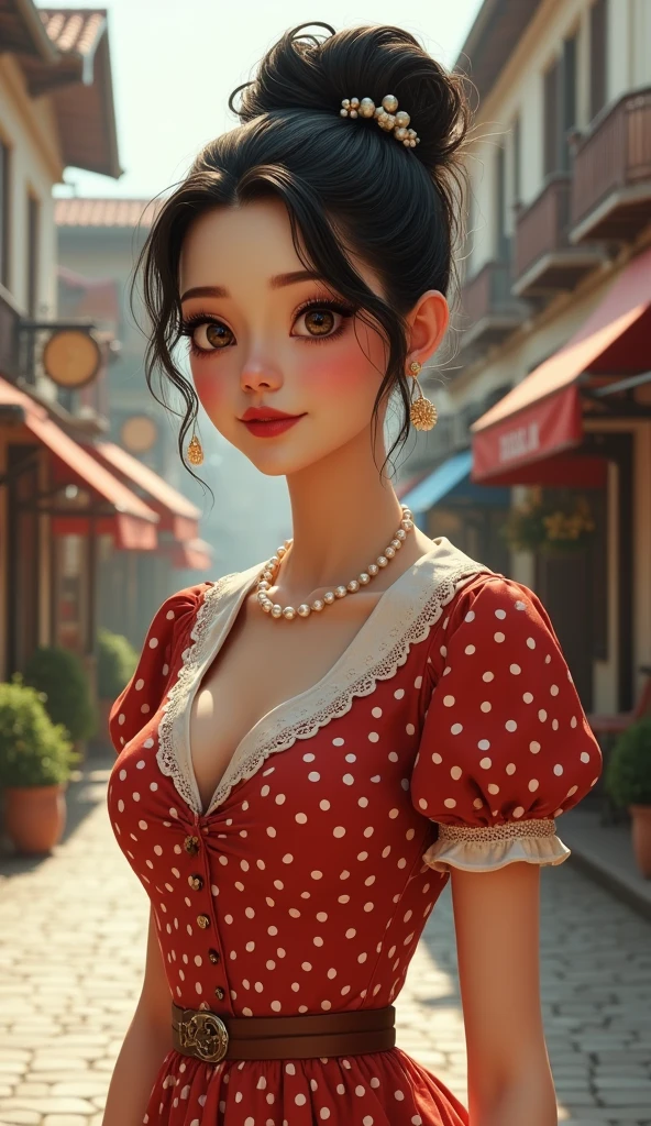 (Ultra-high resolution), (Photorealism 16K Realism), (Ultra-fine digital art), ((Ultra-realistic body proportions, Anatomically correct:1.2)), (Highly detailed beautiful face), (Light pale complexion), break, ((Small round head and face:1.25)), (Extremely detailed and beautiful slim and sharp face), (Best Best Details Real Brown_eye:1.2), ((Insanely realistic sharp-eye)), (droopy eye:1.3), Thin eyebrows, Draw eyelashes carefully, Eyelash extensions, (Tired, sleepy and satisfied:0.0), perfect round eye, Detailed pupils,break, Detailed lips:1.3, pink_compensate:1.14, Shiny Red_lipstick:1.2 ,Perfect light_eyehadows:1.25, (Detailed nose:1.2), ((She wore a retro polka dot dress with a cinched waist and pearl accessories., Finished with a classic updo:1.22)), (In the middle of a quaint town square, Cobblestone streets are lined with charming boutiques and antique stores, Where time seems to stand still:1.2), (Fascinating:1.22),