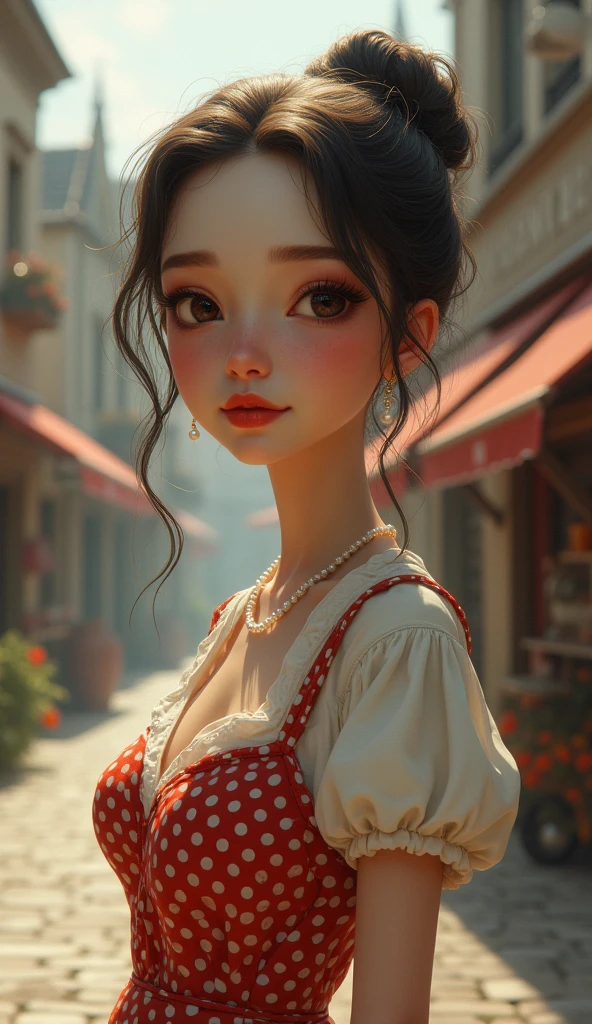 (Ultra-high resolution), (Photorealism 16K Realism), (Ultra-fine digital art), ((Ultra-realistic body proportions, Anatomically correct:1.2)), (Highly detailed beautiful face), (Light pale complexion), break, ((Small round head and face:1.25)), (Extremely detailed and beautiful slim and sharp face), (Best Best Details Real Brown_eye:1.2), ((Insanely realistic sharp-eye)), (droopy eye:1.3), Thin eyebrows, Draw eyelashes carefully, Eyelash extensions, (Tired, sleepy and satisfied:0.0), perfect round eye, Detailed pupils,break, Detailed lips:1.3, pink_compensate:1.14, Shiny Red_lipstick:1.2 ,Perfect light_eyehadows:1.25, (Detailed nose:1.2), ((She wore a retro polka dot dress with a cinched waist and pearl accessories., Finished with a classic updo:1.22)), (In the middle of a quaint town square, Cobblestone streets are lined with charming boutiques and antique stores, Where time seems to stand still:1.2), (Fascinating:1.22),