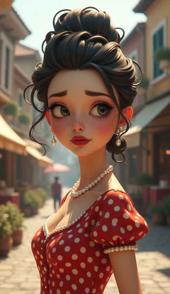 (Ultra-high resolution), (Photorealism 16K Realism), (Ultra-fine digital art), ((Ultra-realistic body proportions, Anatomically correct:1.2)), (Highly detailed beautiful face), (Light pale complexion), break, ((Small round head and face:1.25)), (Extremely detailed and beautiful slim and sharp face), (Best Best Details Real Brown_eye:1.2), ((Insanely realistic sharp-eye)), (droopy eye:1.3), Thin eyebrows, Draw eyelashes carefully, Eyelash extensions, (Tired, sleepy and satisfied:0.0), perfect round eye, Detailed pupils,break, Detailed lips:1.3, pink_compensate:1.14, Shiny Red_lipstick:1.2 ,Perfect light_eyehadows:1.25, (Detailed nose:1.2), ((She wore a retro polka dot dress with a cinched waist and pearl accessories., Finished with a classic updo:1.22)), (In the middle of a quaint town square, Cobblestone streets are lined with charming boutiques and antique stores, Where time seems to stand still:1.2), (Fascinating:1.22),