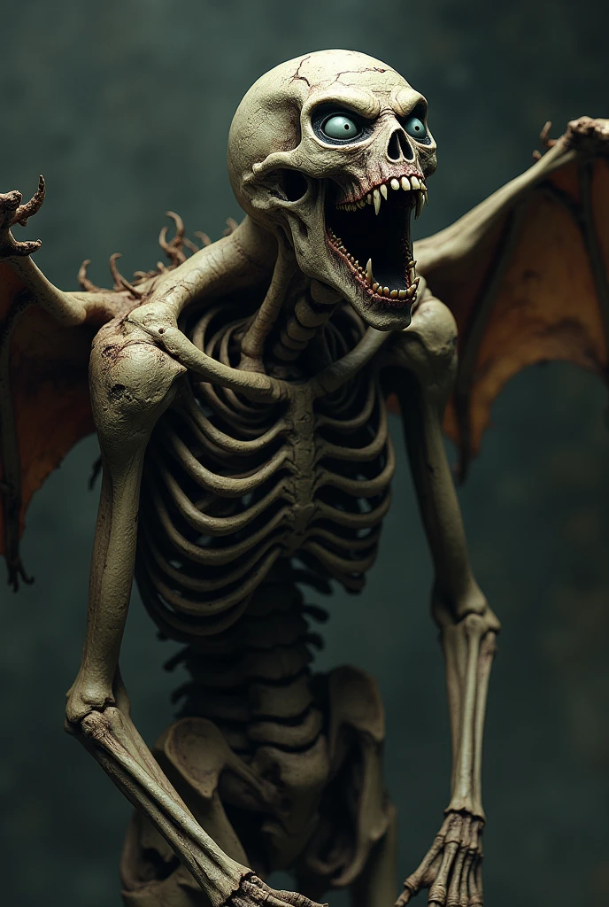 Dry skeletal body with skin and deep-set eyes,decayed bat wings on his back,with his mouth open with his jaw crooked to the right screaming