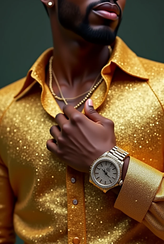 Man in wearing golden chain wearing iced out Rolex
Wearing Nike golden sparkly shirt