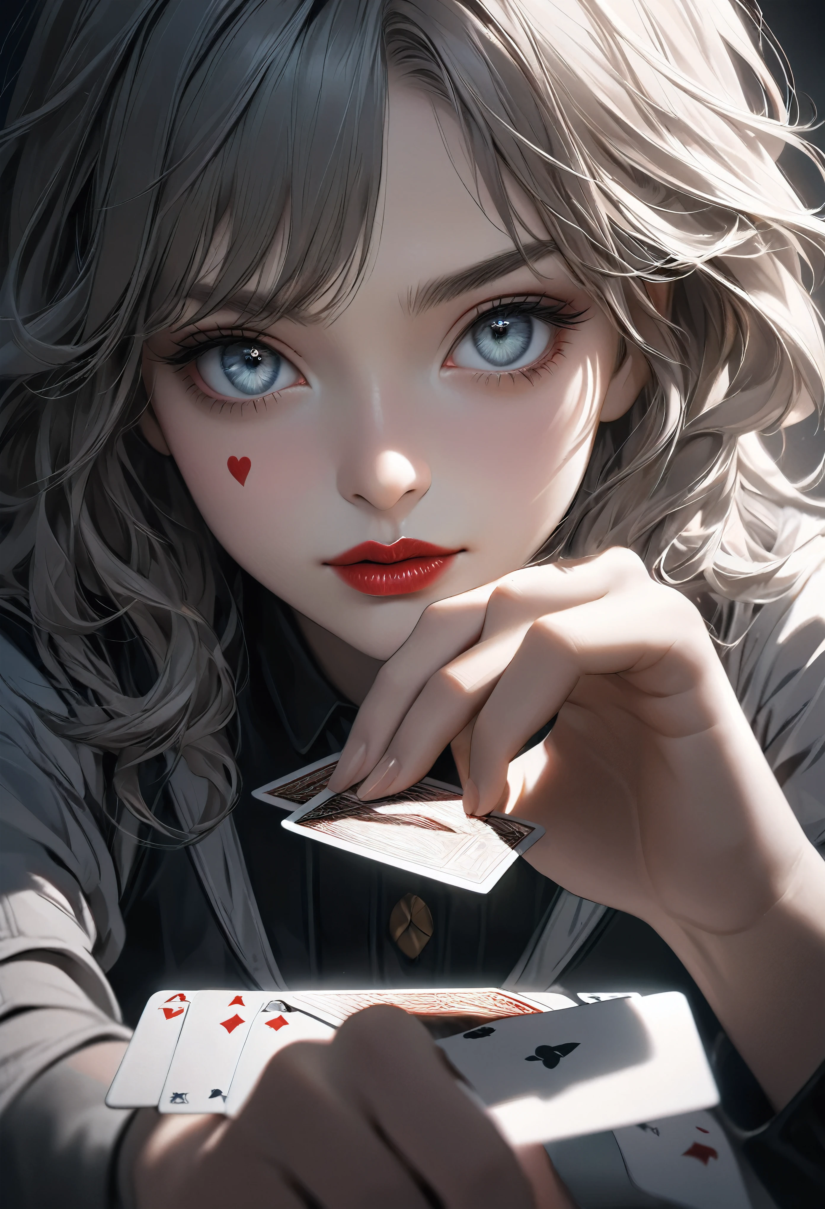 a beautiful young woman playing Lose with the Joker, with the viewer, the woman's cards are face back, she is about to draw a card from the viewer's hand, the woman is thoughtful and focused, high quality, photorealistic, beautiful detailed eyes, beautiful detailed lips, extremely detailed face, cinematic lighting, dramatic shadows, muted color palette