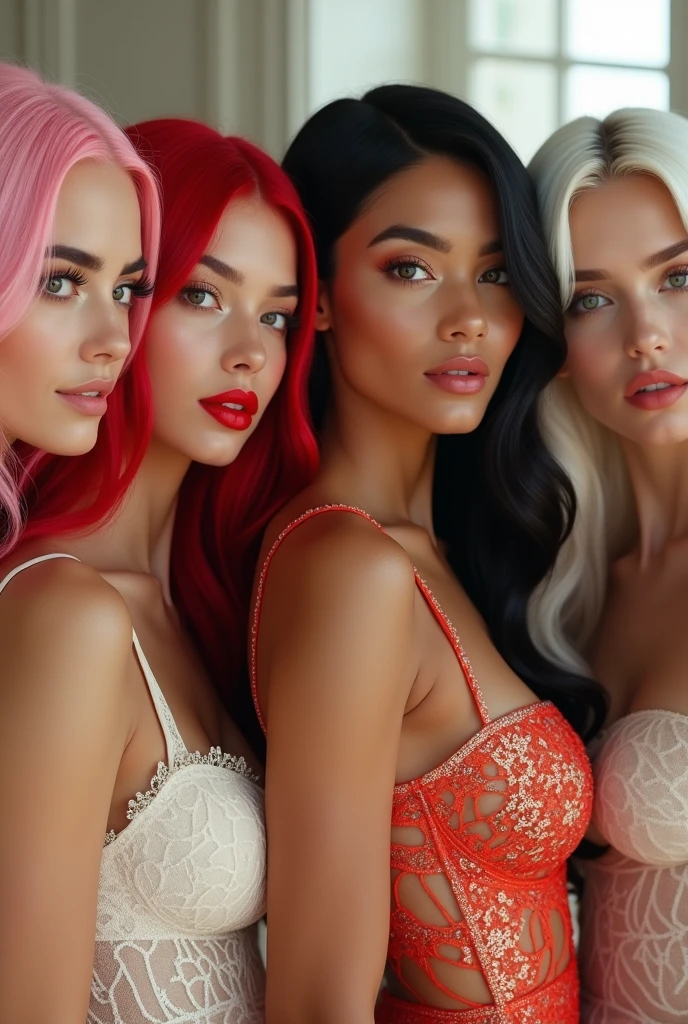 Four stunning, glamorous young women aged around 21-23 years old, showcasing diverse hairstyles - including pastel pink, fiery red, black, and platinum blonde locks, all extending down their backs like silky cascades. Each woman exudes confidence and poise as they pose effortlessly amidst soft, diffused lighting, creating a sense of warmth and depth. Their makeup is flawless, with bold lip colors accentuating their full, luscious lips. They wear elegant outfits that accentuate their curves, featuring delicate lace, intricate patterns, and subtle embellishments.