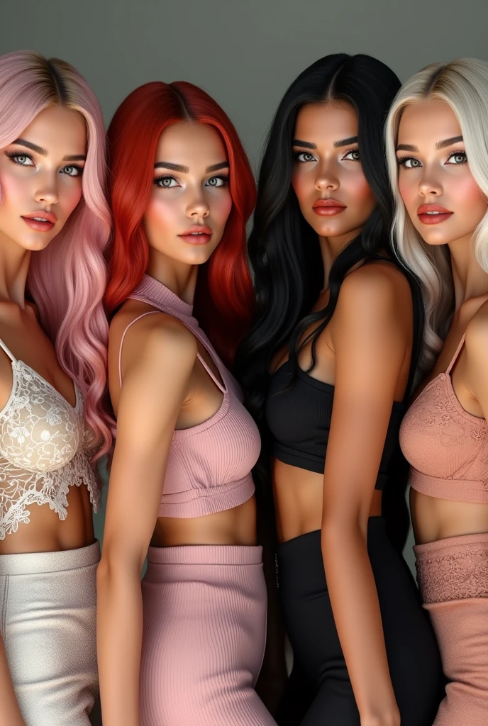 Four stunning, glamorous young women aged around 21-23 years old, showcasing diverse hairstyles - including pastel pink, fiery red, black, and platinum blonde locks, all extending down their backs like silky cascades. Each woman exudes confidence and poise as they pose effortlessly amidst soft, diffused lighting, creating a sense of warmth and depth. Their makeup is flawless, with bold lip colors accentuating their full, luscious lips. They wear elegant outfits that accentuate their curves, featuring delicate lace, intricate patterns, and subtle embellishments.