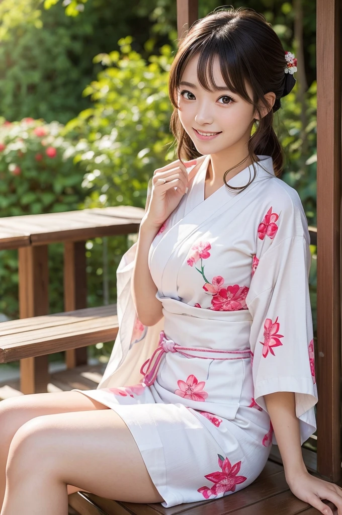 Pure Japanese Yukata girl, natural body, beautiful legs, wearing traditional yukata, traditional hair styles, impressive big brown eyes, pure smile, refreshing in early summer sunlight, sitting, relaxed pose, holiday park, professional portrait photography,