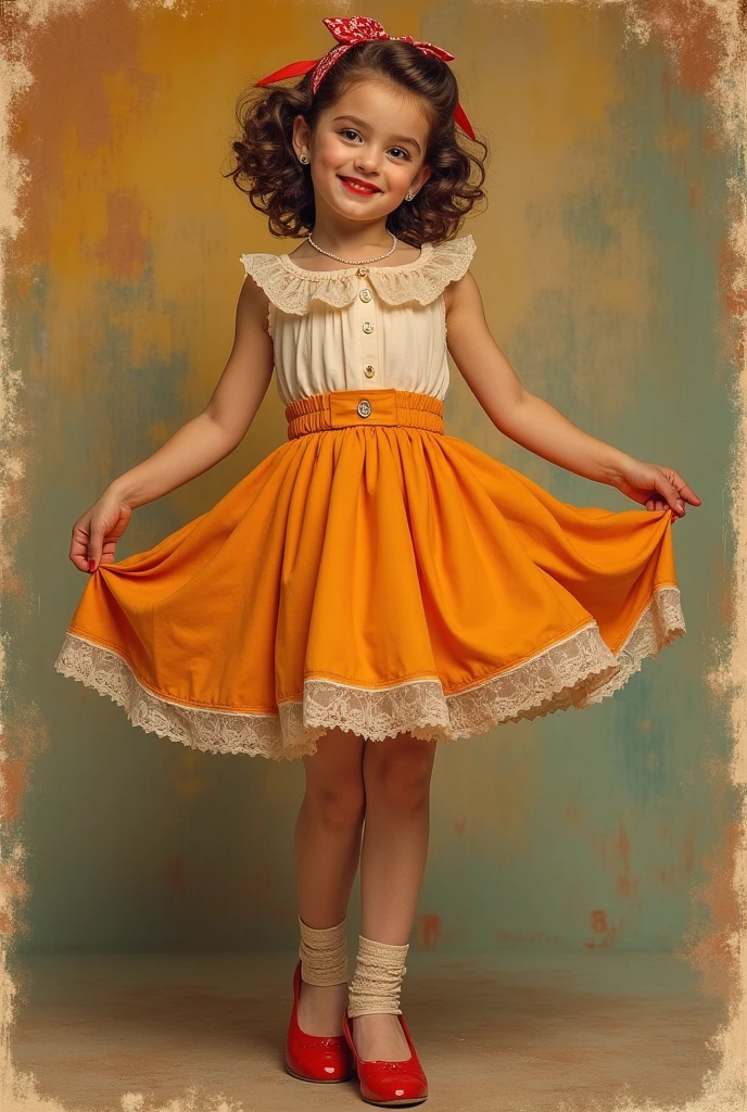 Very young girl in retro pin-up style, dressed in a chaste bright dress with a fluffy skirt, Stockings with lace garters, and red high heels. She has a 1950s-style hairstyle with big curls and a bandana.. Makeup with an emphasis on arrows and bright red lips. She flirtatiously displays herself, lifting the skirt, to show naked pussy, while maintaining the image of innocence. The background is made in the style of a vintage poster with warm and rich colors., Pussy visible, unshaved