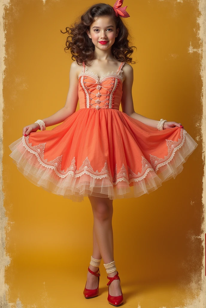 Very young girl in retro pin-up style, dressed in a chaste bright dress with a fluffy skirt, Stockings with lace garters, and red high heels. She has a 1950s-style hairstyle with big curls and a bandana.. Makeup with an emphasis on arrows and bright red lips. She flirtatiously displays herself, lifting the skirt, to show naked pussy, while maintaining the image of innocence. The background is made in the style of a vintage poster with warm and rich colors., Pussy visible, unshaved