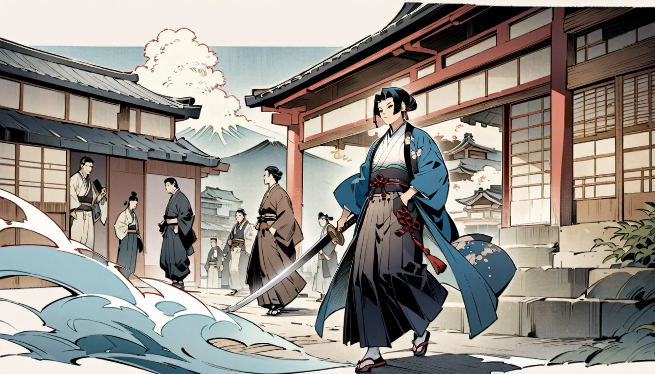 Ishikawa Goemon in Ukiyo-e style。He is wearing a gorgeous outfit and holding a sword.。In the background、The streets of Japan from the Edo period unfold、A traditional Japanese atmosphere
