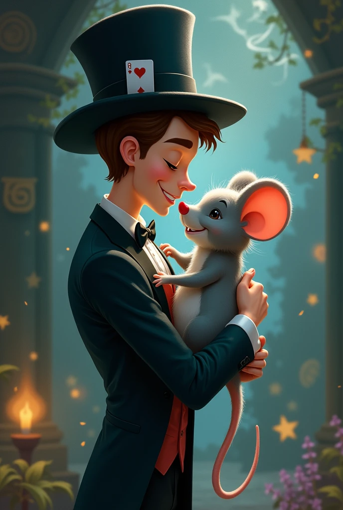 Cartoon illustration of an elegant magician with a playing card in his hat hugging a grey mouse  (Romantic)