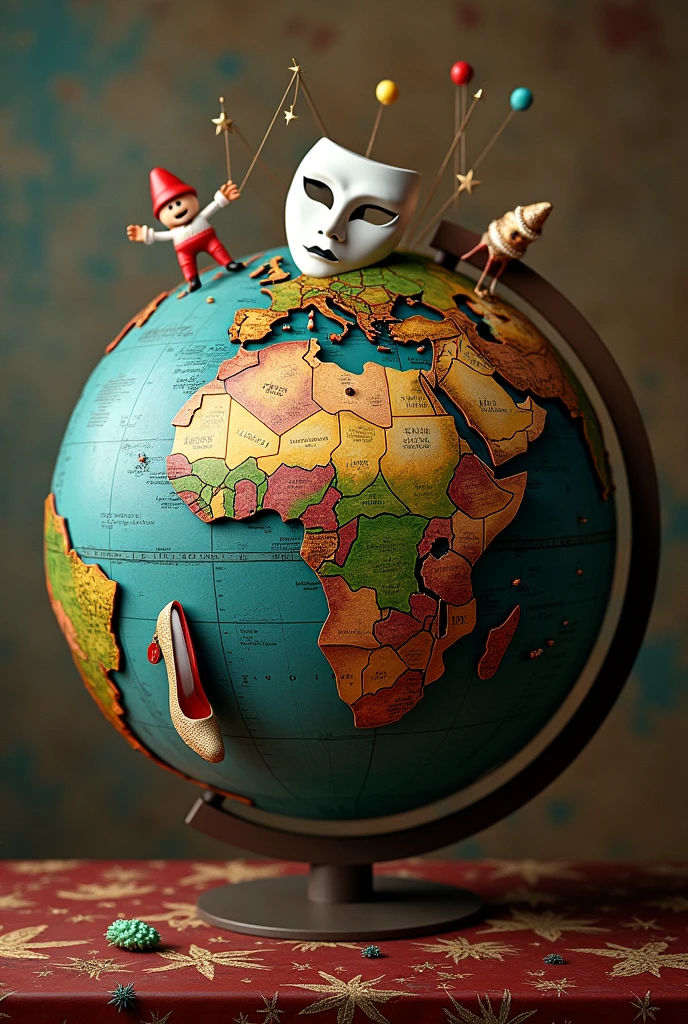 World globe composed of theater mask, dance shoe, musical instrument and circus