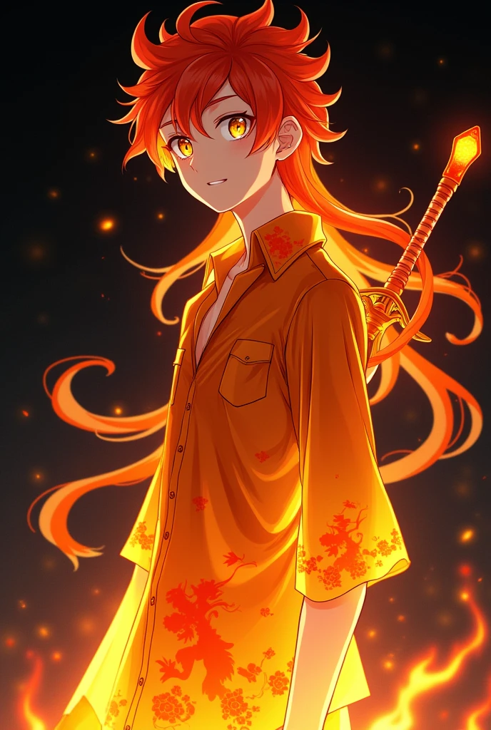 Man 12 years old, Fire Spirit, Transparent,anime, Chemise manches long, percé., Charred Skin, Sun Eyes, Orange Dragon Pattern Shirt, Red Fire Hair Yellow Tip, Long Hair Floating, Anime Style, No irises, transparent body, beautiful smile, sword on the back, flaming feet, fiery black background. 
