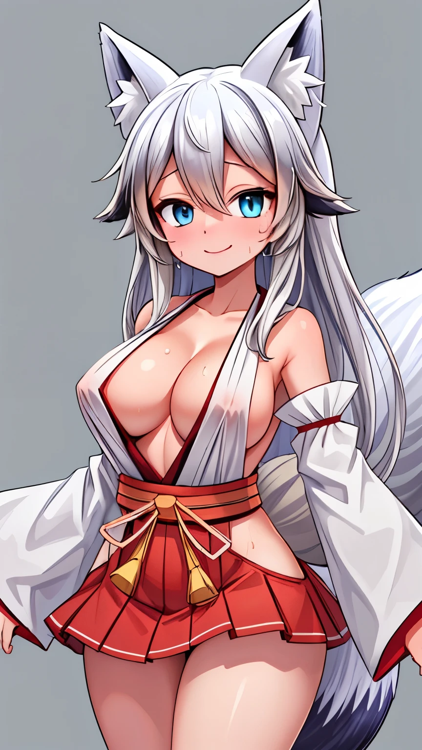 Anime Girls, (masterpiece, highest quality, 8K ultra-high resolution:1.4), beautiful detailed eyes, ultra-detailed, cowboy shot
(solo:1.2), mature, adult, milf, facing viewer, looking at viewer,
smile, horny, sweat, nervous,
(shrine maiden, japanese clothes, detached sleeves, red hakama short skirt), Huge areola, big butts, thick thighs,
(fox kemono mature:1.5), (silver long hair blue eyes:1.1),
grey background, simple background,