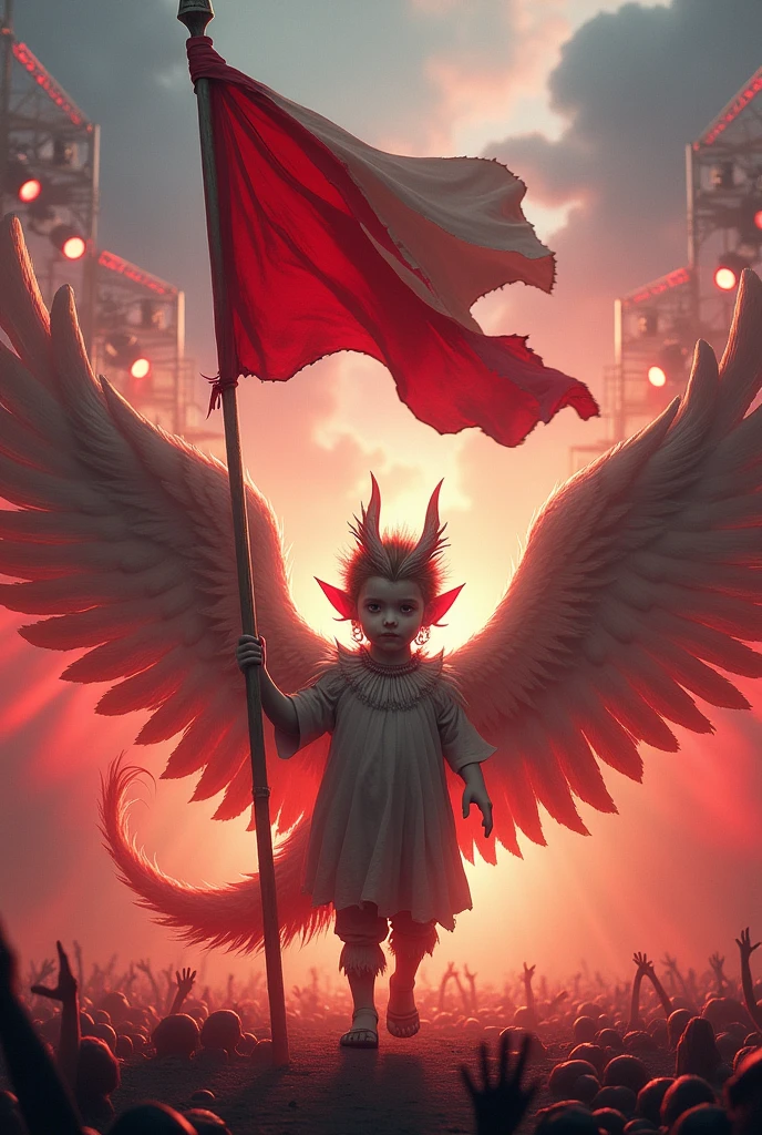 Half garuda half child face, carrying the red and white flag, with a concert stage background.
With the title THE CEREMONY
