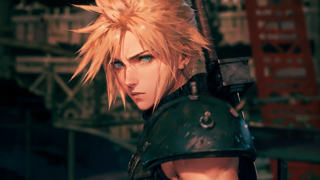 a close up of a person with a sword in a city, cloud strife, portrait of cloud strife, from final fantasy vii, final fantasy 7, from ff7, ff 7, cloud, from final fantasy, final fantasy face, final fantasy character, final fantasy, final - fantasy, final-fantasy, square enix, final fantsy, closeup portrait shot