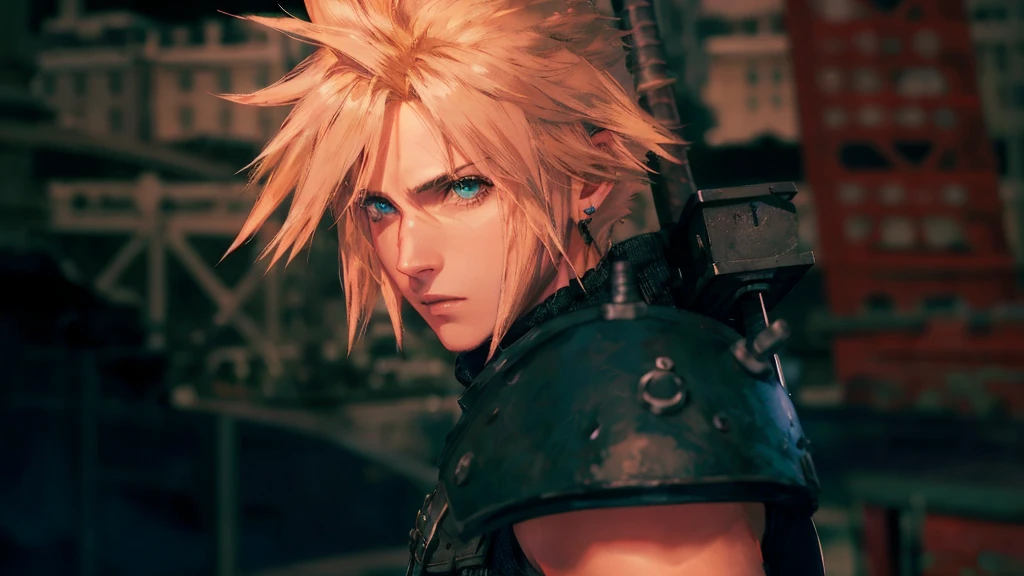 a close up of a person with a sword in a city, cloud strife, portrait of cloud strife, from final fantasy vii, final fantasy 7, from ff7, ff 7, cloud, from final fantasy, final fantasy face, final fantasy character, final fantasy, final - fantasy, final-fantasy, square enix, final fantsy, closeup portrait shot