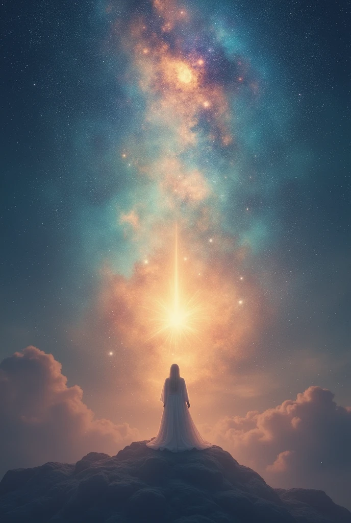 Album cover art featuring the title ‘Amor Divina’ by Marcelo Semedo. The image captures a sense of softness and tranquility with a cosmic background, stars, and nebulas representing the vastness of the universe. The overall tone is gentle, ethereal, and mystical, with a subtle gradient of colors that evokes deep emotions and divine connection.