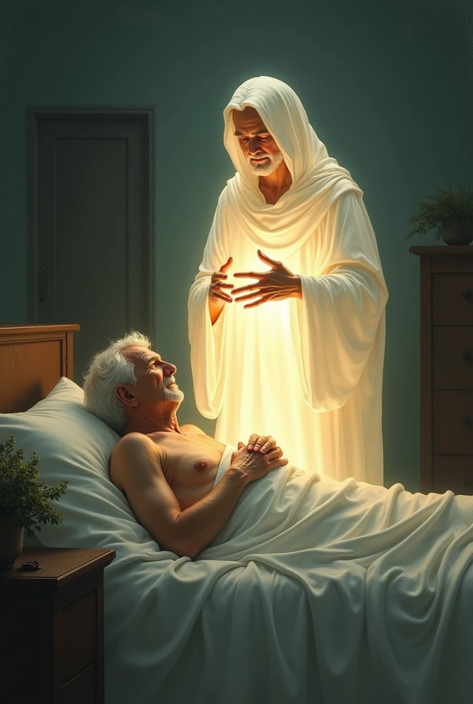 Create an image of God next to a sick grandfather