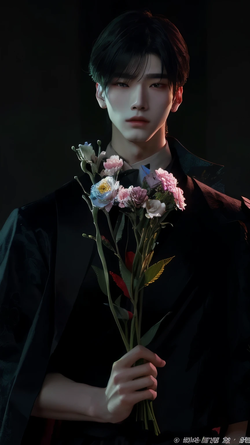there is a man holding a bunch of flowers in his hand, inspired by Yanjun Cheng, cai xukun, artwork in the style of guweiz, the flower prince, guweiz masterpiece, guweiz, inspired by Zhang Han, with flowers, by Yanjun Cheng, by Jin Nong, by Yang J, holding magic flowers, dark flowers