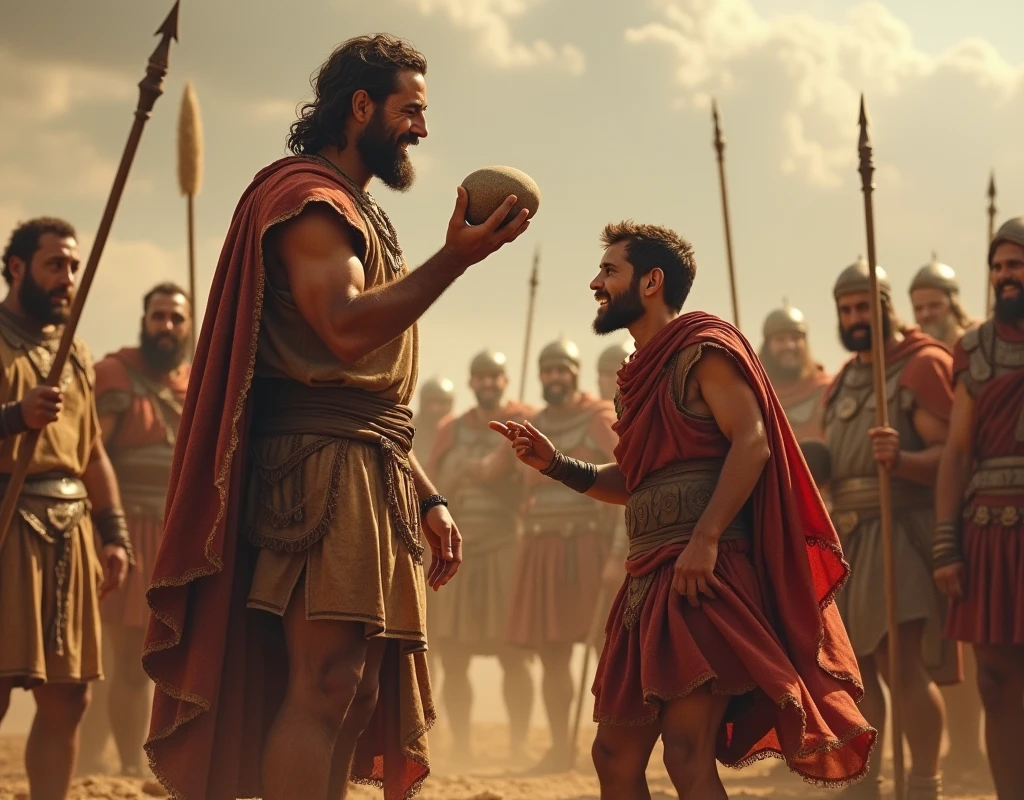 Young David picking up his stone to kill Goliath and his armies with great confidence and Goliath in the background laughing with his companions in believing what they are seeing