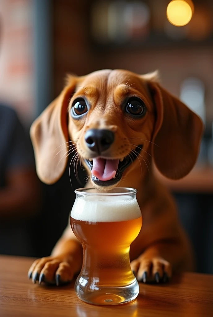 an image of a Dachshund puppy with large eyes and a happy face in a bar drinking a beer