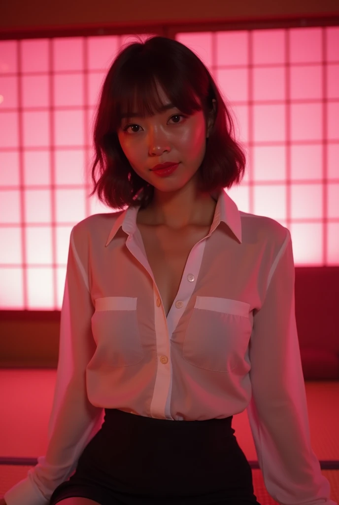 ((Japanese sexy actress))　Mature Woman　((Plump, bright red lips with lipstick))　Big Breasts　Duck mouth　((Short brown hair with bangs))　((Looking into the camera))　Sit with your legs apart　((White button shirt and black enamel tight skirt))　　Low-angle shot of a person standing facing forward　look down　((A bedroom with shoji and tatami mats lit up in pink neon lights))　