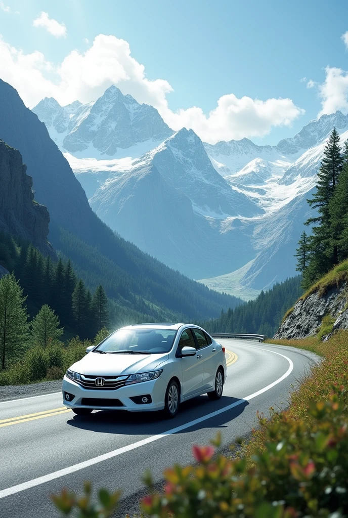 On the mountain road, there is a white Honda City 2011 running.