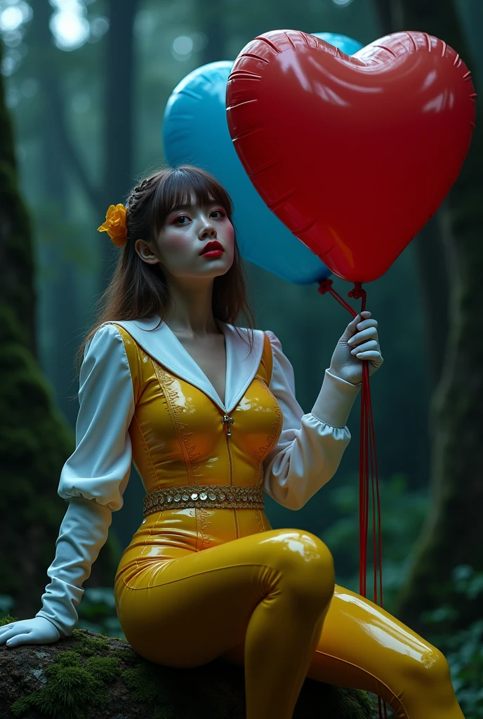 a red and blue balloon on a dark background to highlight its greatness.

In this dynamic, from-below shot, cute mechangel poses seductively in a sailor dress-inspired costume, showcasing her toned upper body and striking features. Her shoulder-length, long hair is styled in a French braid, with a hair bow securing the end. A sly smile plays on her lips as she bends over at the waist, giving the viewer a tantalizing glimpse of her cleavage-hugging blouse. Her white silk gloves and coin belt add a touch of whimsy to the outfit. In a dimly lit, eerie forest clearing, a stunning creature with porcelain doll-like features sits poised on a moss-covered stone. Her alabaster skin is rendered in exquisite detail, with intricate textures and subtle sheen. Vibrant red lipstick adorns her lips, drawing the viewer's gaze upwards to her piercing blue eyes, adorned with delicate eyeliner. Long, luscious hair cascades forward, framing her heart-shaped face. The cinematic lighting casts an otherworldly glow, as if moonlight has infused the atmosphere. The 8K image is breathtakingly sharp, capturing every micro-detail of this beauty's skin and the surrounding environment. A masterpiece of photorealism, this horror-themed portrait exudes an unsettling allure, drawing the viewer in with its unnerving charm.Studio-lit close-up of a stunning 128k female model showcasing her voluptuous upper body. Her striking features include luscious huge breasts and captivating eyes, framed by a messy yet stylish short hairdo. She wears a dazzling mustard-yellow latex bodysuit adorned with intricate patterns, accentuating her toned physique. The camera captures her from a unique angle, emphasizing the texture of the shiny latex and highlighting her confident pose.