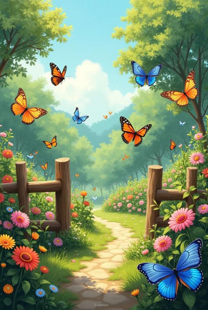 A butterfly park with flowers nature fence as drawing