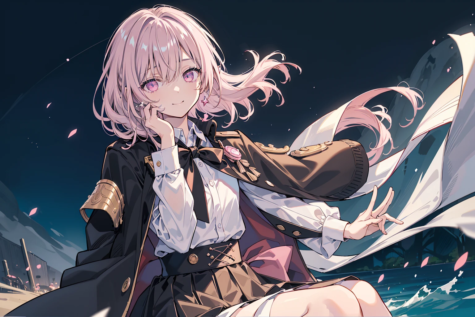 (best quality), (top-quality), (hight resolution), 8K images, (masterpiece), ((perfect face)), hair strand,Light skin, (((1girl))), (((solo))), beautiful fantasy anime, top rated on pixiv, ((short hair)), wind blowing hair, (expressive eyes), (perfect eyes), (((light_pink eyes))), (((flat chest))), perfect face, smiling, (white hair), braided bang, hair over eyes, earrings, white collar shirt, red bow, (black long military jacket:1.5), delicate facial feature, star hair ornament, vintage style, starry night, fantasy, modern art, cool light --ar 3:2, (wide shot), (lots of beautiful and delicate water), sitting among the river, holding a boba tea
