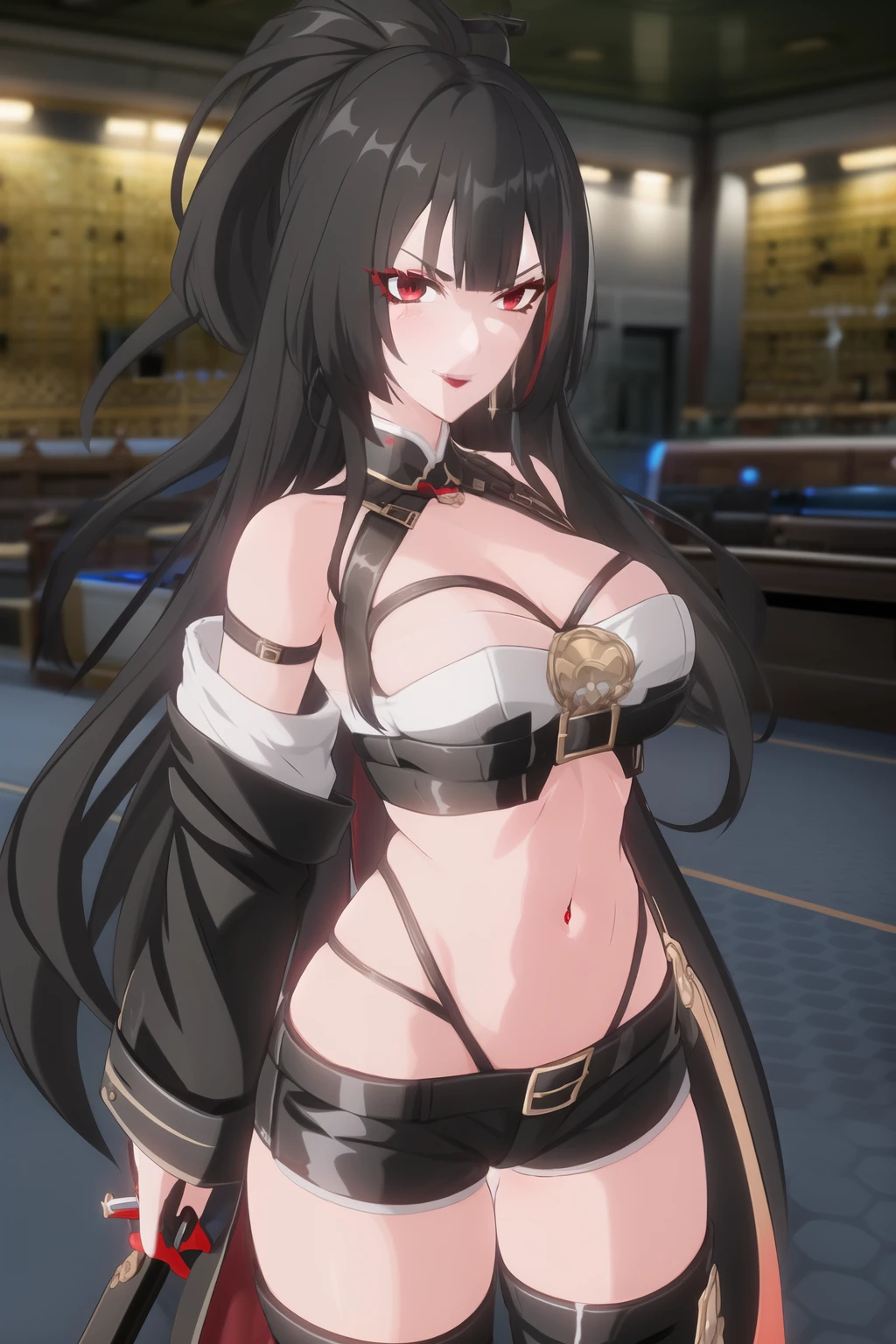 1girl,black hair,red nails, long hair, blush, lipstick,,jewelry, earrings, Hot girl, baddie, bad attitude, mean girl, crazy, smoking, sensual, attractive , bar background, inside bar, indoor, masterpiece, best quality, highly detailed, a girls with a gun, evil smile , open mouth, sexy gaze, badass pose , evil smile, smile, guns blazing, anime girl with long hair, beautiful long haired girl, navel, evil expression, exposed belly, exposed navel, exposed midriff, exposed lower belly, long black pants, crop top, cleavage, unbuttoned leather pants ,open fly, low rise black leather pants, leather jacket, holding a gun, holding pistol,