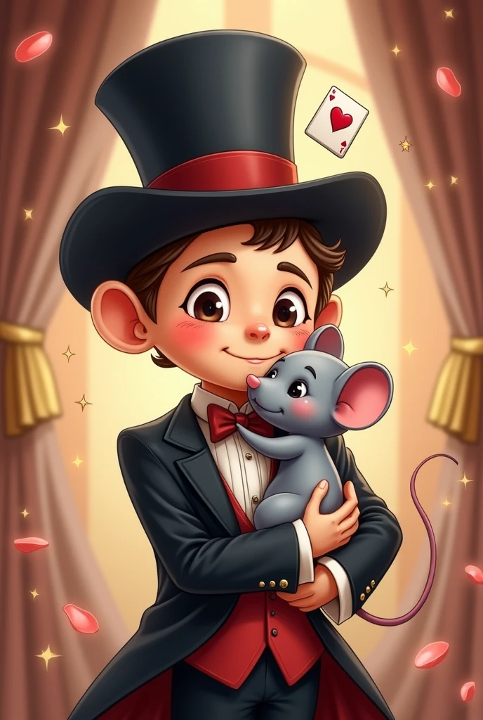 Cartoon illustration of an elegant magician with a playing card in his hat hugging a grey mouse  (Romantic)