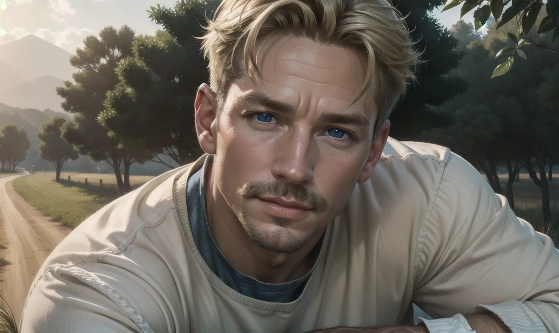 [((highly detailed, detailed eyes, detailed face, clear and realistic facial features, photorealistic, realistic light, cinematic)), (1 man), Mark is a handsome and alluring slender but muscular male farmer father middle-aged mature with short blond hair and a neat moustache and blue eyes and weathered skin wearing a flannelette shirt, ((aged 45)), (((Mark has a seductive smirking look on his face and a slight blush on his cheeks))), There is a charming yet dry southern farm in the background, ((calming comforting mood))]