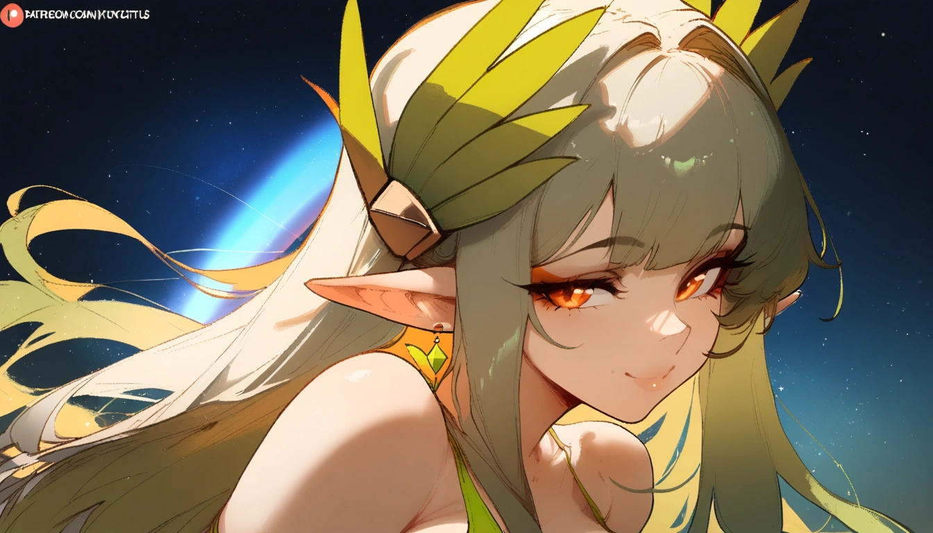 1girl, muelsyse \(arknights\), arknights \\\\\ masterpiece, best quality, very aesthetic, absurdres, newest \\\\\\ simple background, space background. lime bikini, greenery, water, orange eyes,elf ears, slim body,///// ,by nyantcha, cutesexyrobutts, by khyle,,////// 18 years old girl,thin waist ,,solo, , rainbow, ^_^, portrait, big tits,detailed face,